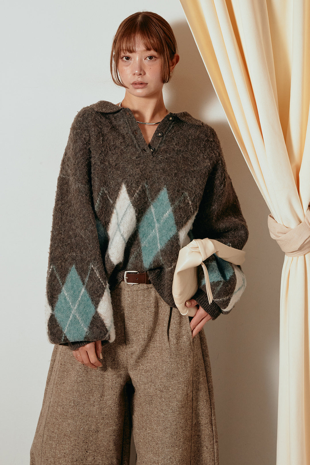[SET]アーガイル柄ポロニットトップス+ベルト付きネップツイードカーブパンツ(2set)