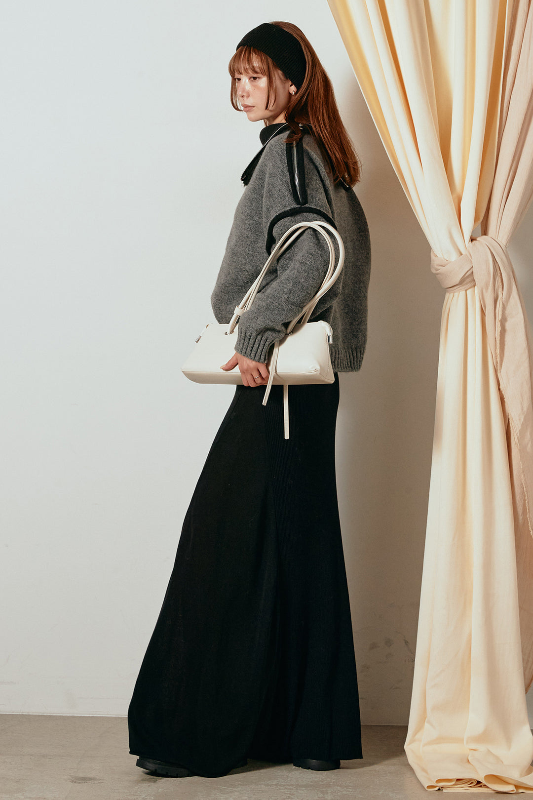 [SET]ハイネックジップデザインニットトップス+サイド切り替えリブニットロングスカート(2set)