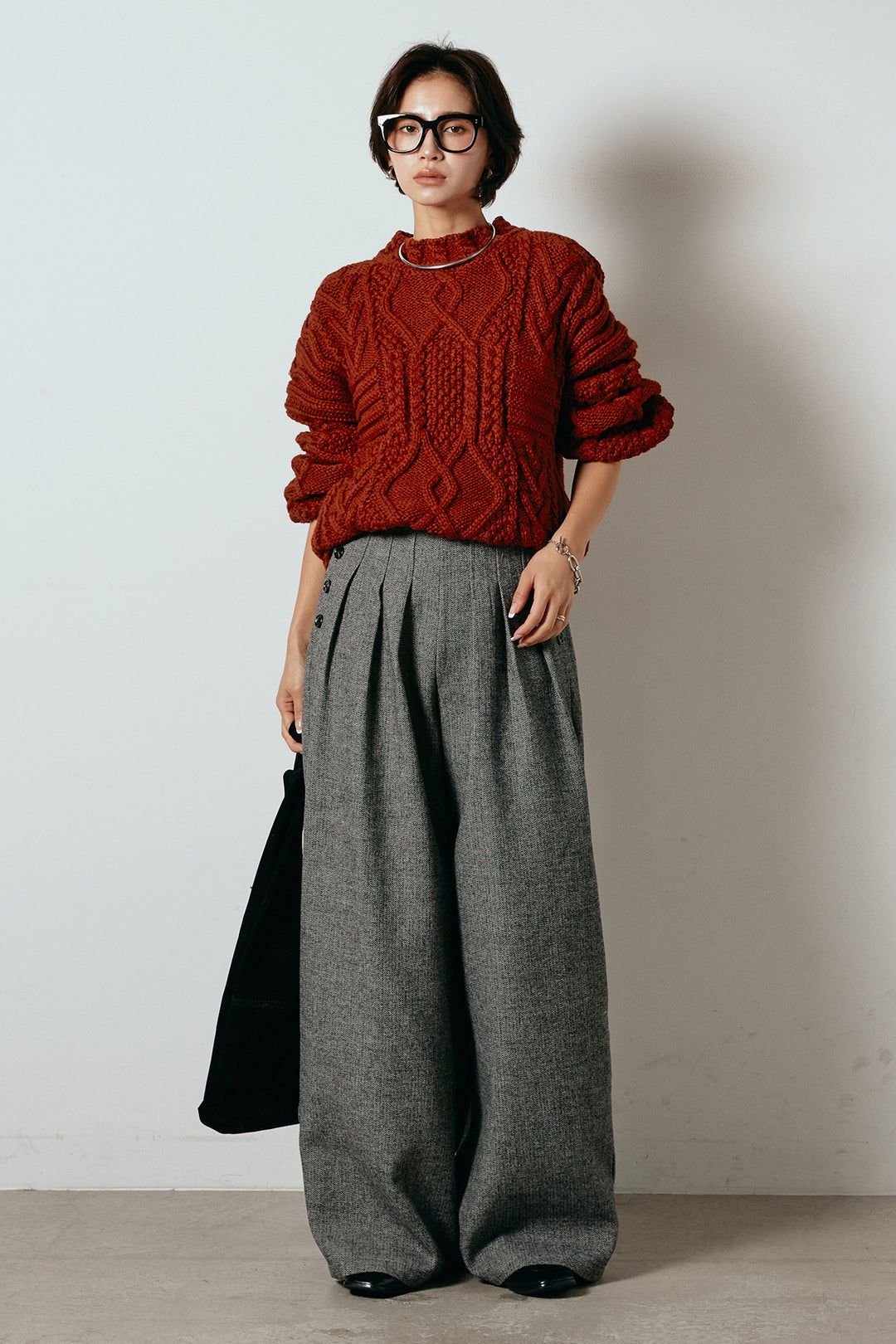 [SET]アラン柄ミックスケーブルニット+サイドボタンツイードタックパンツ(2set)