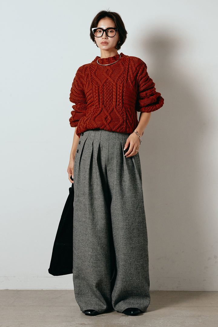 [SET]アラン柄ミックスケーブルニット+サイドボタンツイードタックパンツ(2set)