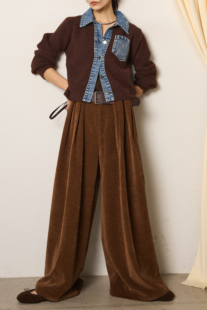 [SET]襟付きデニム切替ニットカーディガン+ベルトループコーデュロイワイドパンツ(2set)