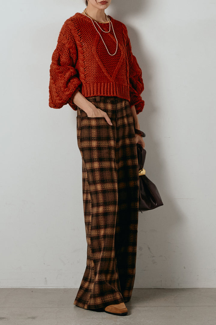 [SET]ロービングケーブルショート丈プルオーバー+ルーズタータンチェックワイドパンツ(2set)