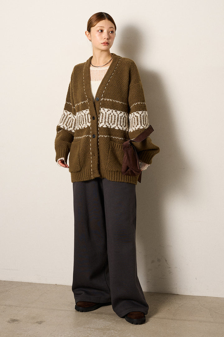 [SET]ライン柄ステッチニットカーディガン+裏起毛スウェットワイドパンツ(2set)