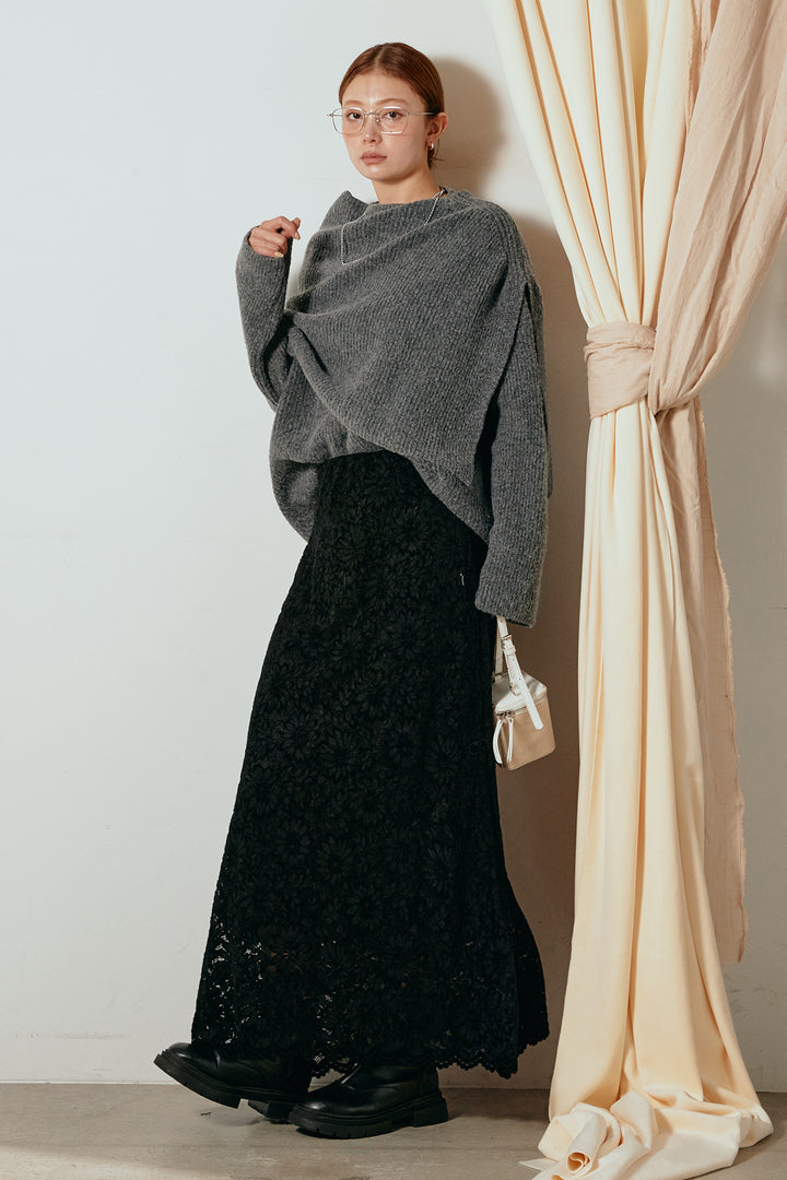[SET]ケープデザインリブニットトップス+花柄刺繍ベロアフレアスカート(2set)