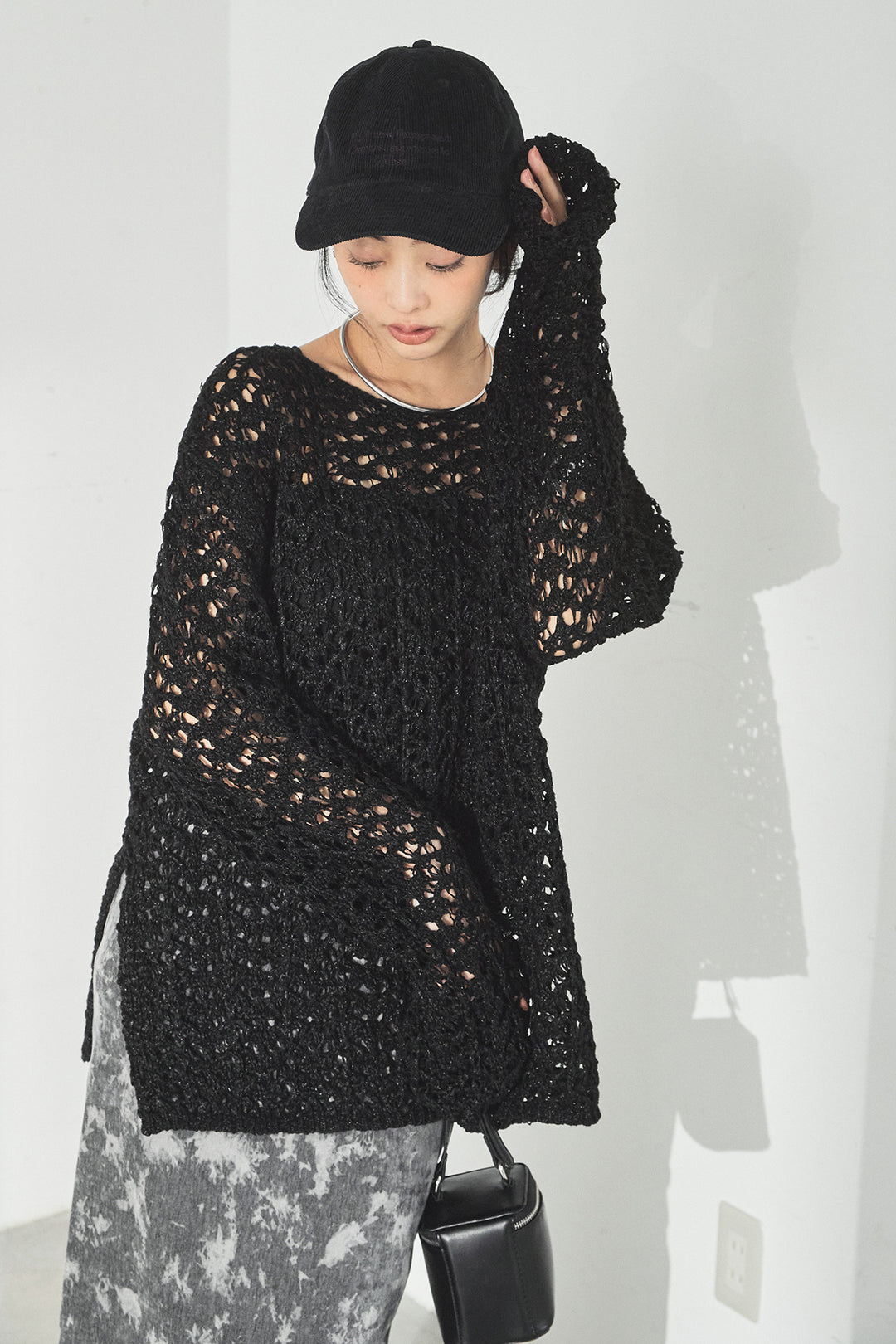 [SET]リラックスメッシュニットトップス+タイダイ柄ベロアワイドスカート(2set)