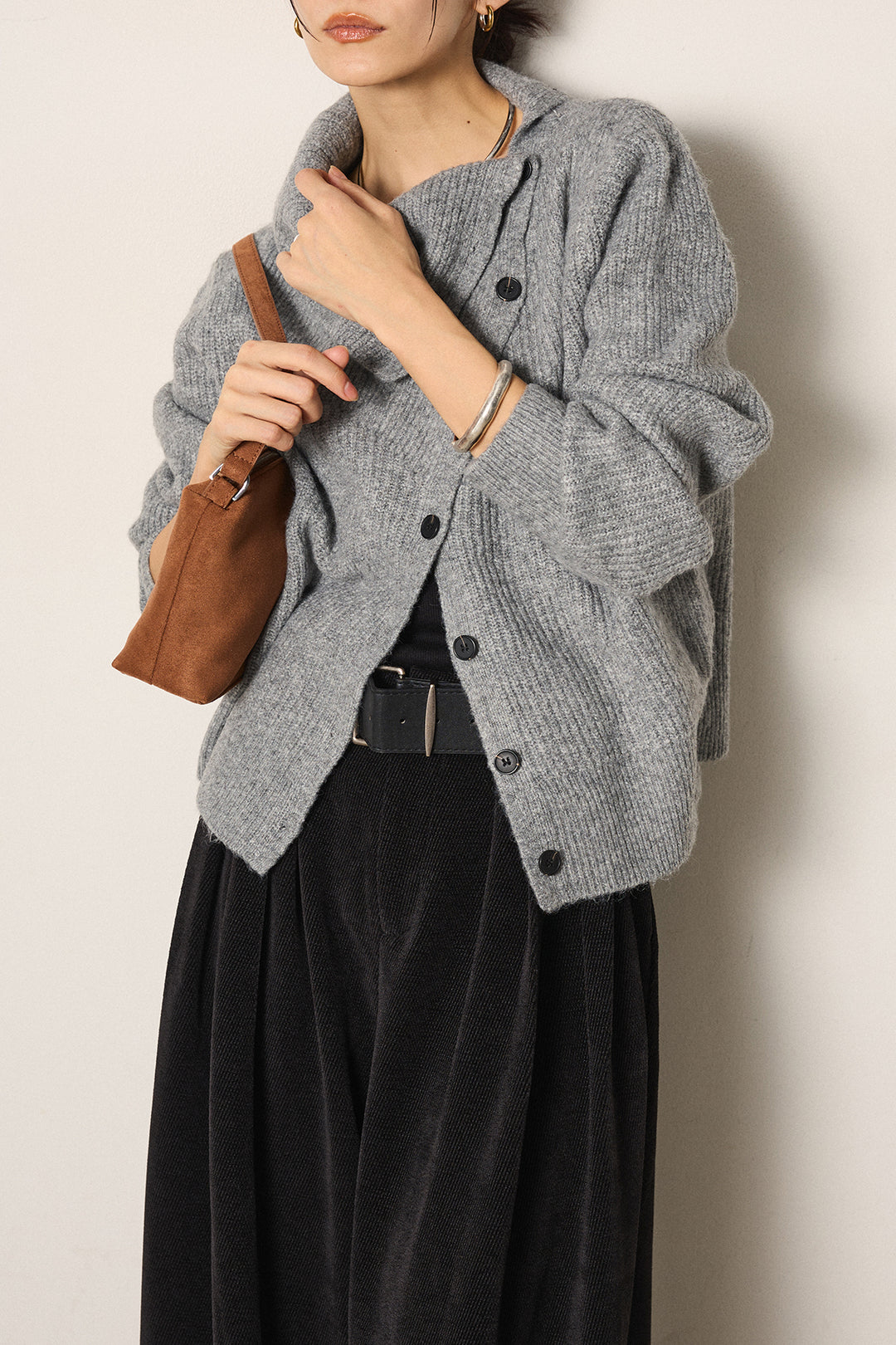 [SET]ボタンデザインネックニットプルオーバー+ベルトループコーデュロイワイドパンツ(2set)