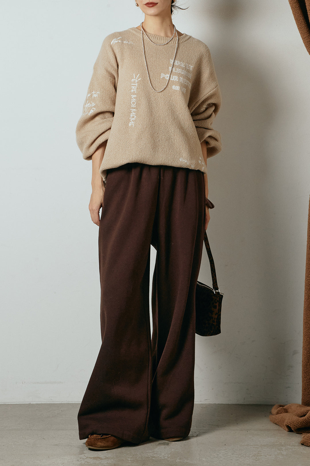 [SET]刺繍ロゴランダムデザインニットトップス+裏起毛スウェットワイドパンツ(2set)