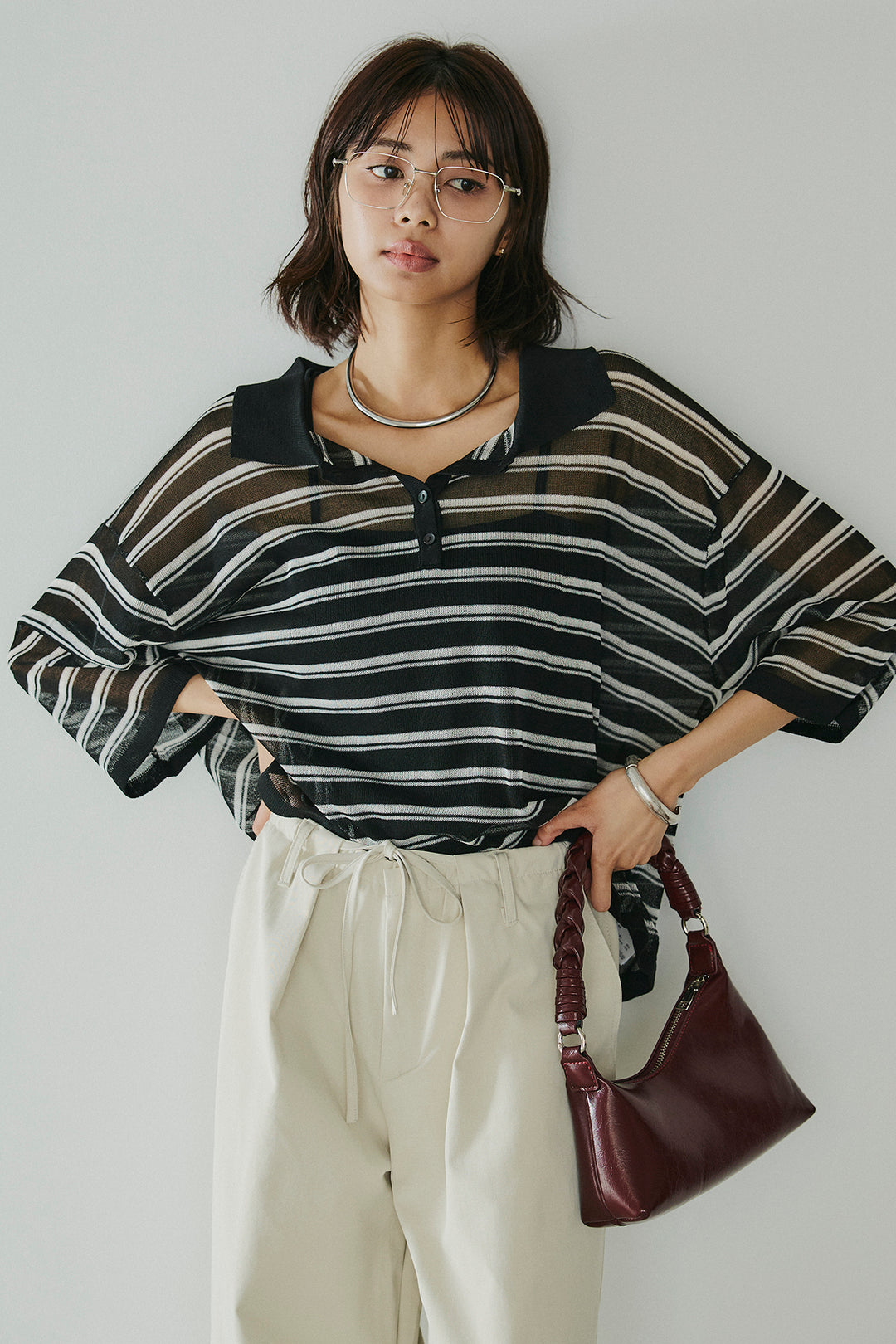 [SET]ボーダーニットポロシャツ+ニーサイドタックウエストドロスパンツ(2set)