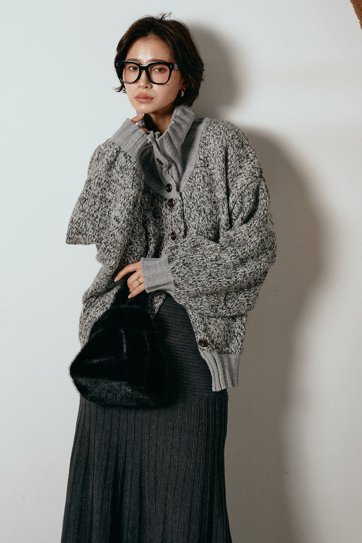 [SET]ハイネックミックスニットカーディガン+編み地切り替えフレアニットスカート(2set)