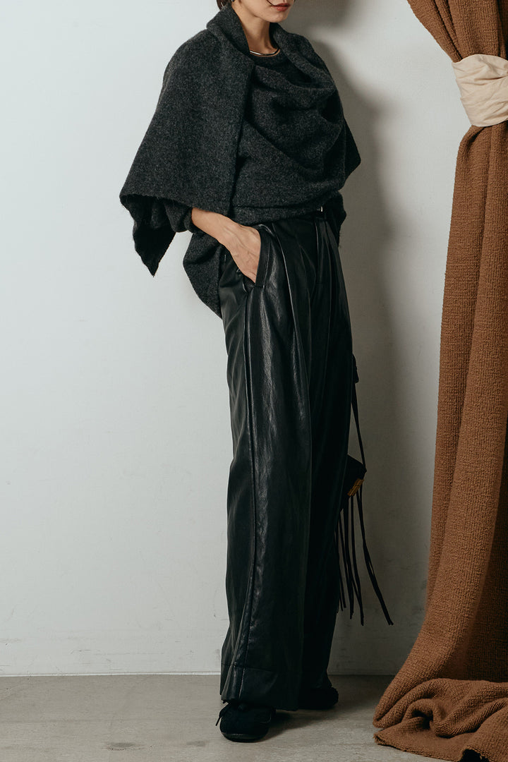 [SET]ネック巻きデザインニットトップス+ベルト付きレザーライクタックパンツ(2set)