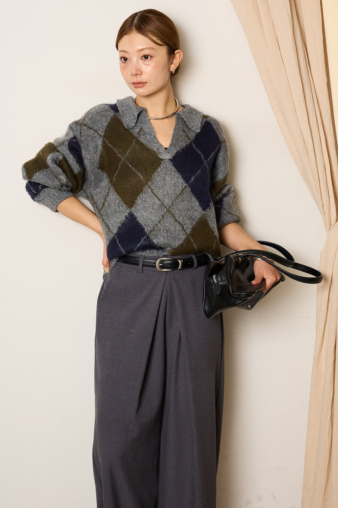 [SET]アクリルモヘアアーガイルキーネックプルオーバー+フロントワイドタックネップ入ワイドパンツ(2set)