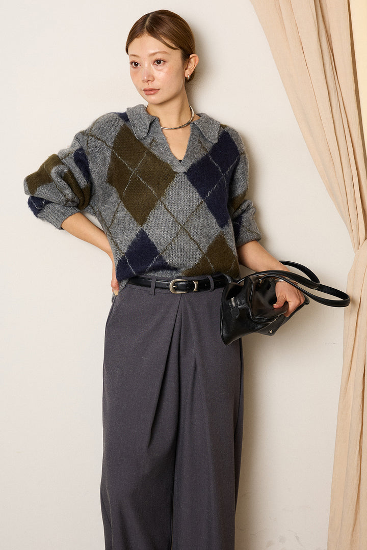 [SET]アクリルモヘアアーガイルキーネックプルオーバー+フロントワイドタックネップ入ワイドパンツ(2set)
