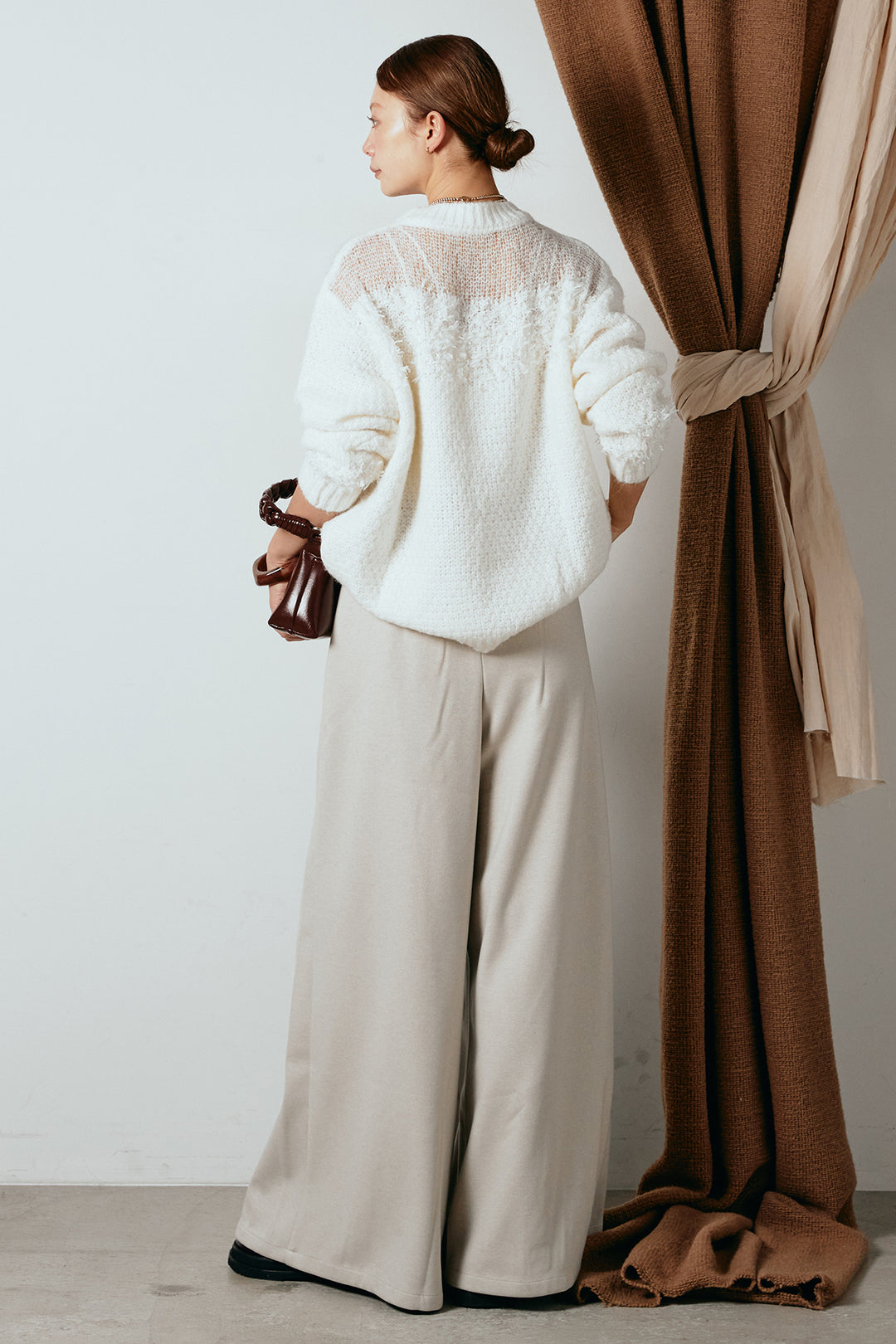 [SET]パターンランダム編みニットトップス+ベルト付きフロントタックデザインパンツ(2set)