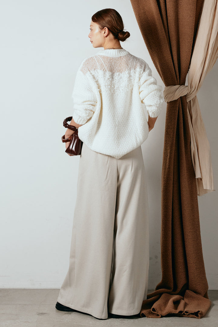 [SET]パターンランダム編みニットトップス+ベルト付きフロントタックデザインパンツ(2set)