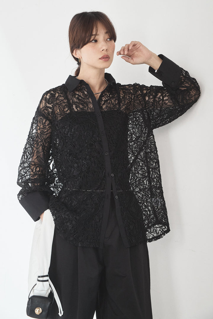 [SET]刺繍レースオーバーサイズシャツ+合繊ツイルパイピングタックカーブパンツ(2set)