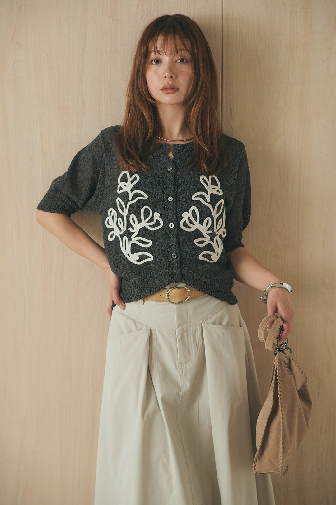 [SET]フロントテープデザイン半袖カーディガン+ミリタリーツイルタックフレアスカート(2set)