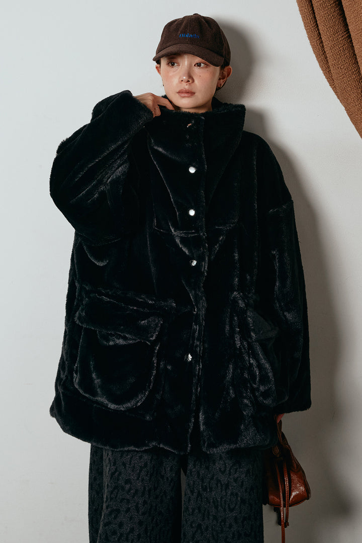 [SET]スタンドネックファーコート+レオパードジャガードニットパンツ(2set)