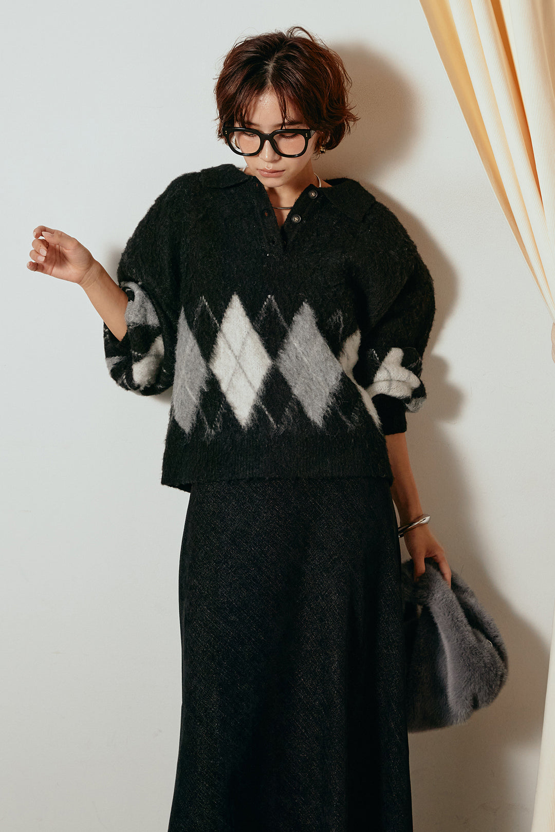[SET]アーガイル柄ポロニットトップス+スウェードライクロングスカート(2set)