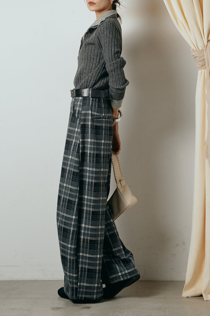 [SET]レイヤード風リブニットトップス+ベルト付きタータンチェックカーブワイドパンツ(2set)
