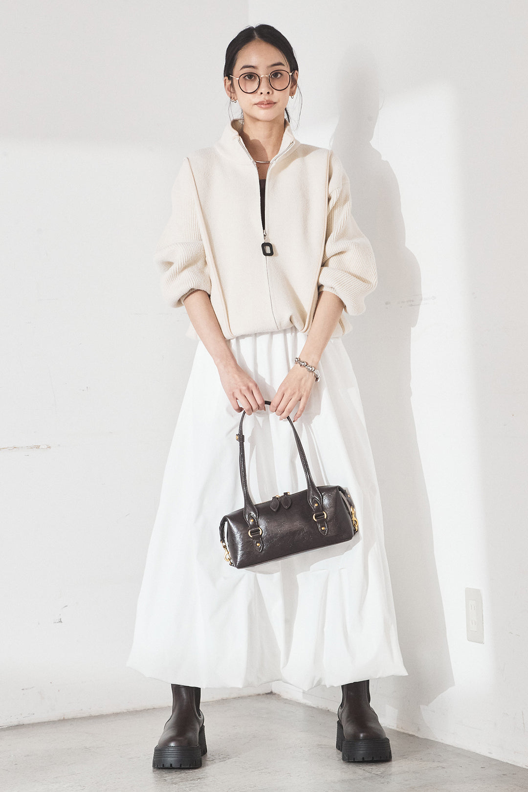 [SET]ハイネックパイピングデザインブルゾン+ランダムタックバルーンスカート(2set)