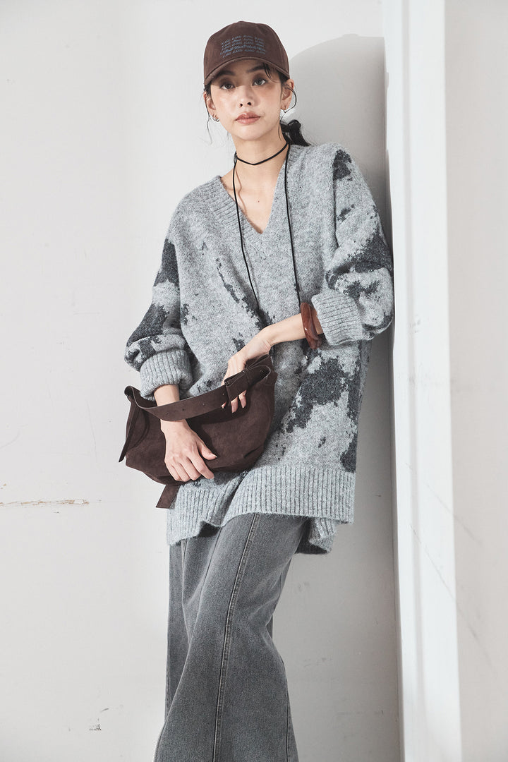 [SET]アブストラクト柄ニットプルオーバー+フロントジップデニムスカート(2set)