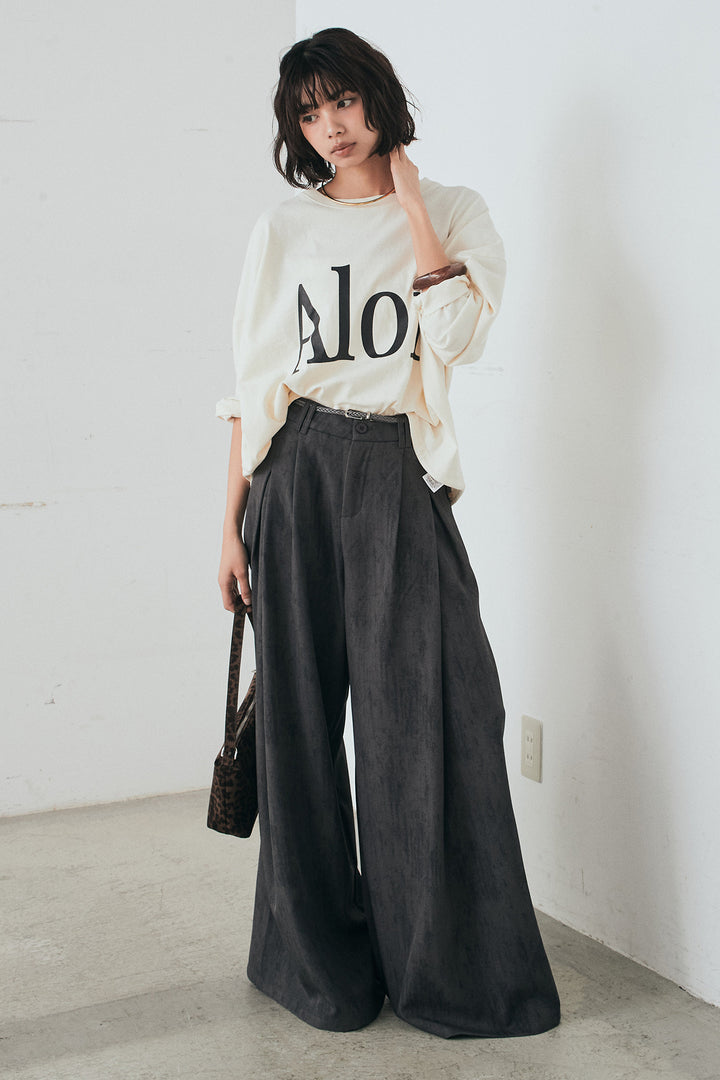 [SET]裾センタードロストロゴプリントワイドTシャツ+紐ベルト付きかすれ柄ワイドスラックス(2set)