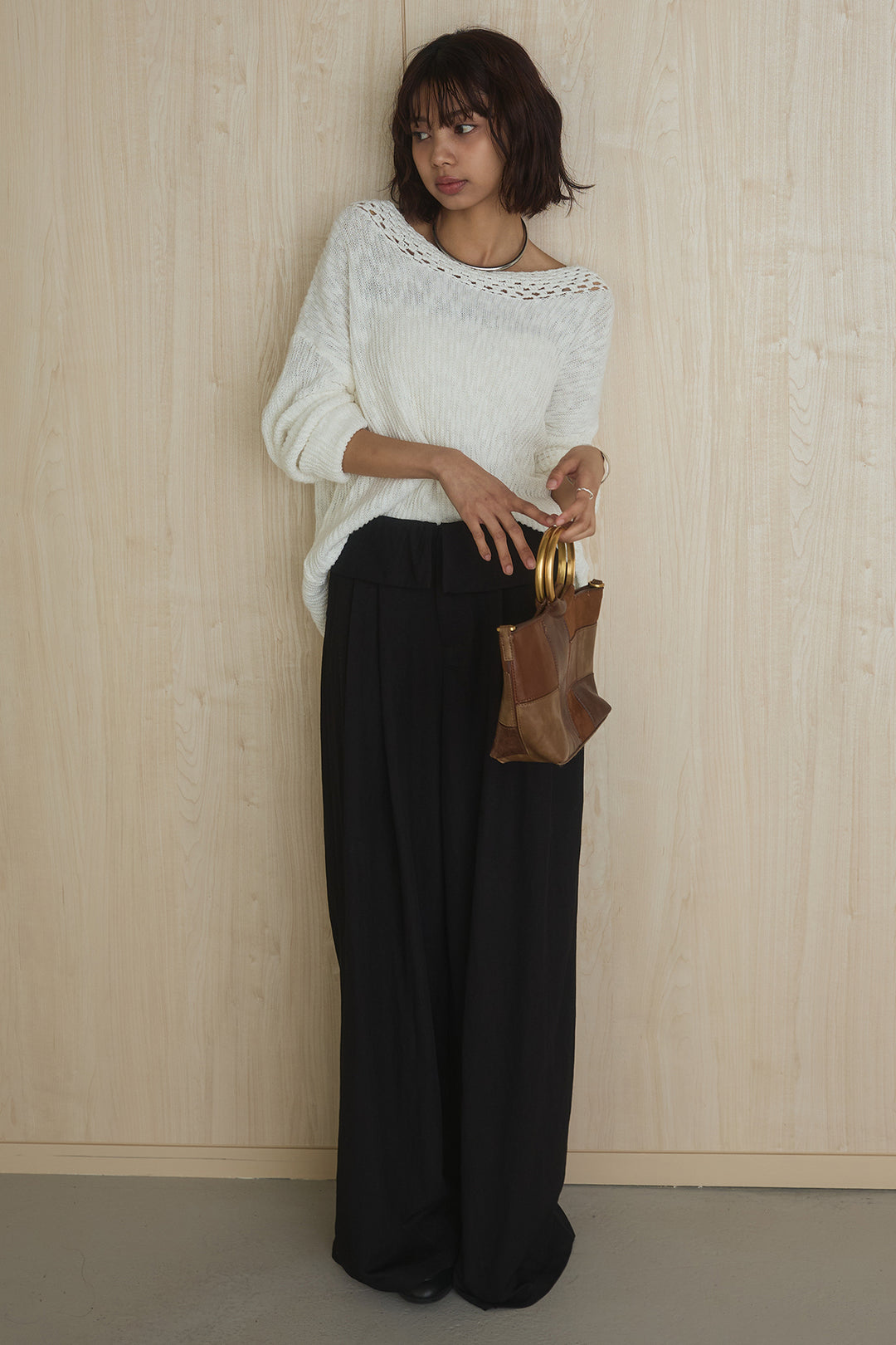 [SET]ネック編みデザインニットトップス+ウエスト折り返しワイドパンツ(2set)