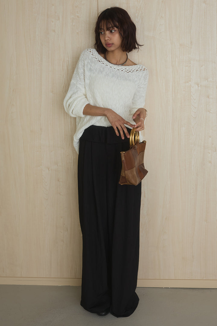 [SET]ネック編みデザインニットトップス+ウエスト折り返しワイドパンツ(2set)