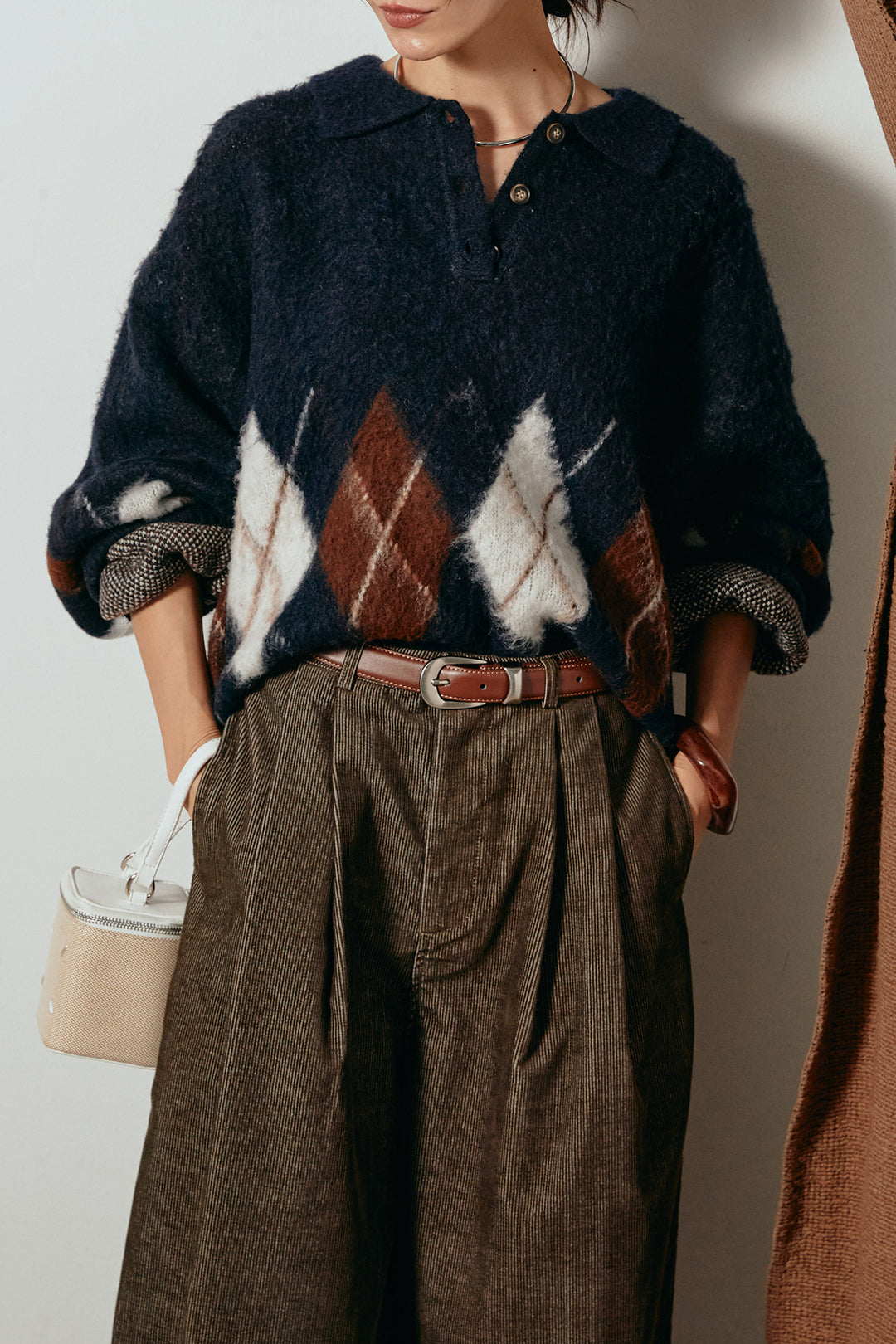 [SET]アーガイル柄ポロニットトップス+フロントタック入りコーデュロイパンツ(2set)