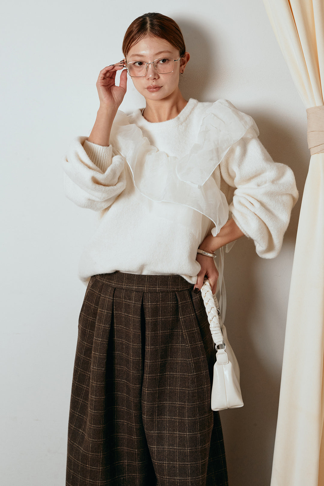 [SET]アシンメトリーフリルニットトップス+ウールライクチェックタックパンツ(2set)