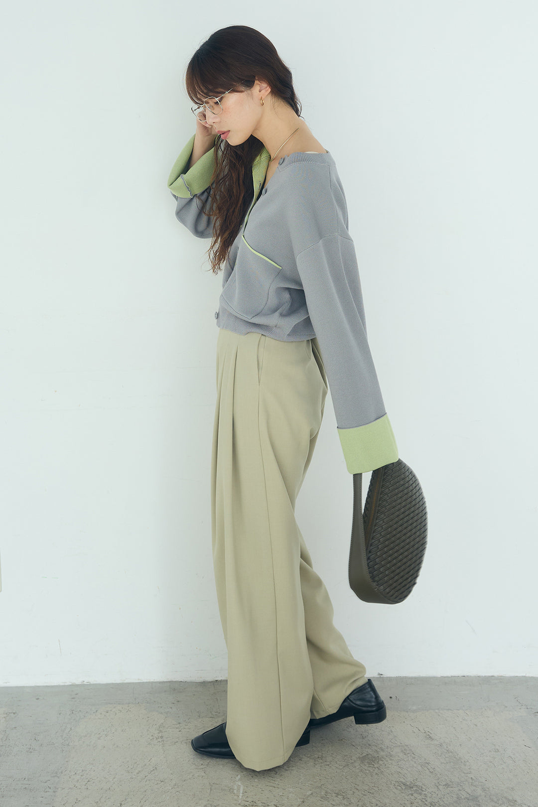 [SET]レーヨンポリダブルフェイスカーディガン+サイドベルトタック入りスラックス(2set)