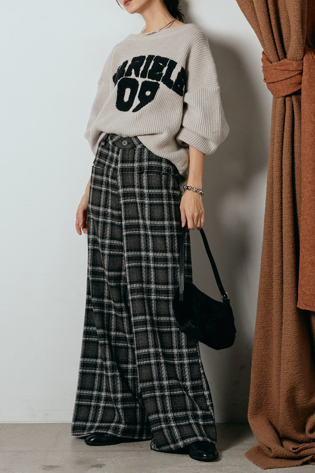 [SET]ロゴジャガードニットトップス+ルーズタータンチェックワイドパンツ(2set)
