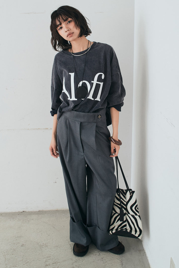 [SET]裾センタードロストロゴプリントワイドTシャツ+センタープレスセミワイドパンツ(2set)