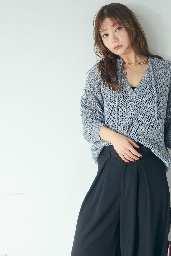 【即納】ミックスメッシュキーネックプルオーバー
