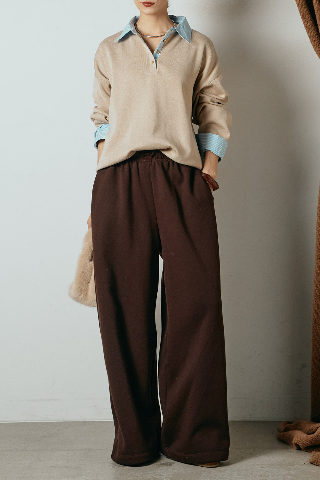 [SET]ストライプシャツドッキングポロトップス+裏起毛スウェットワイドパンツ(2set)