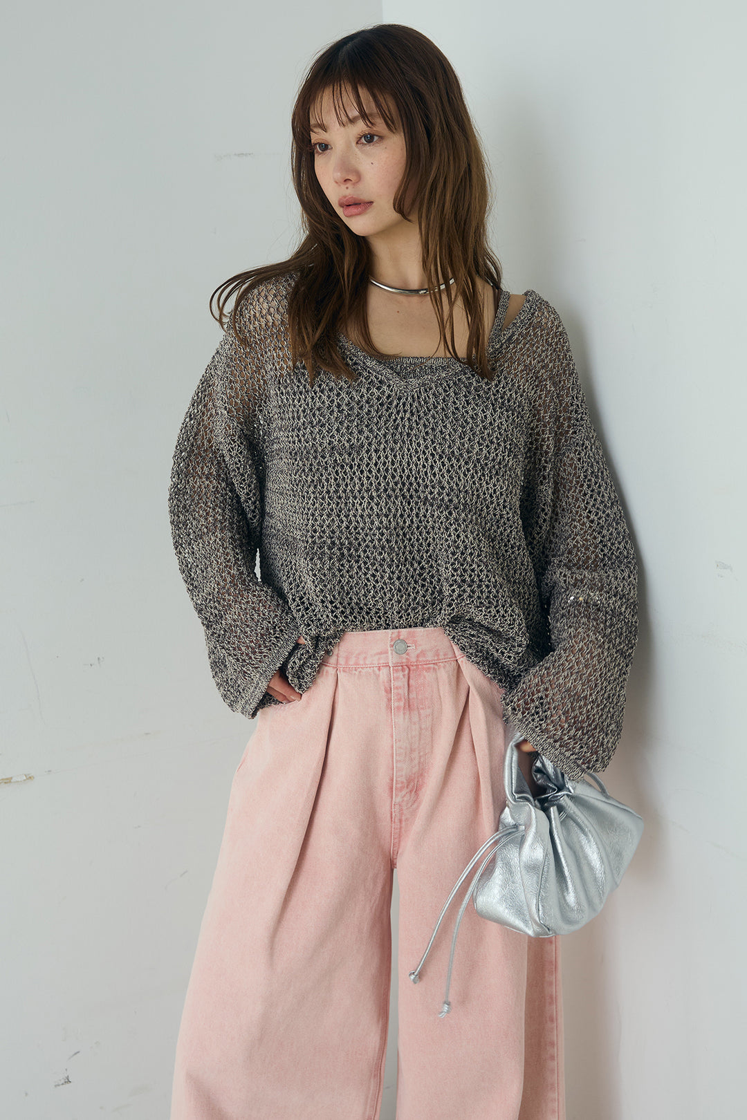 [SET]メッシュ編みビスチェセットVネックプルオーバー+カラーデニムタックカーブパンツ(2set)