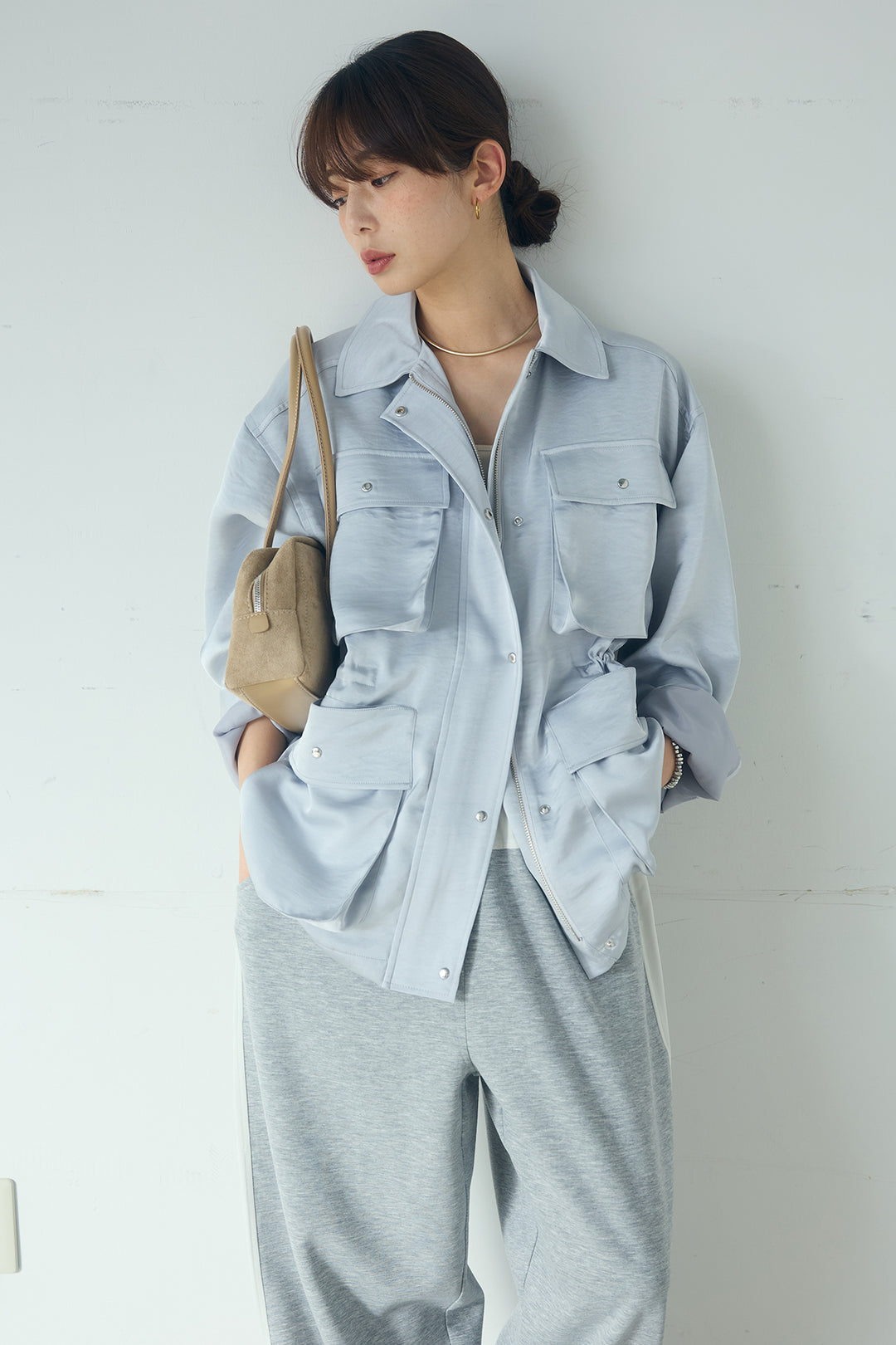 [SET]サテンライトブルゾン+異素材切り替えスウェットパンツ(2set)