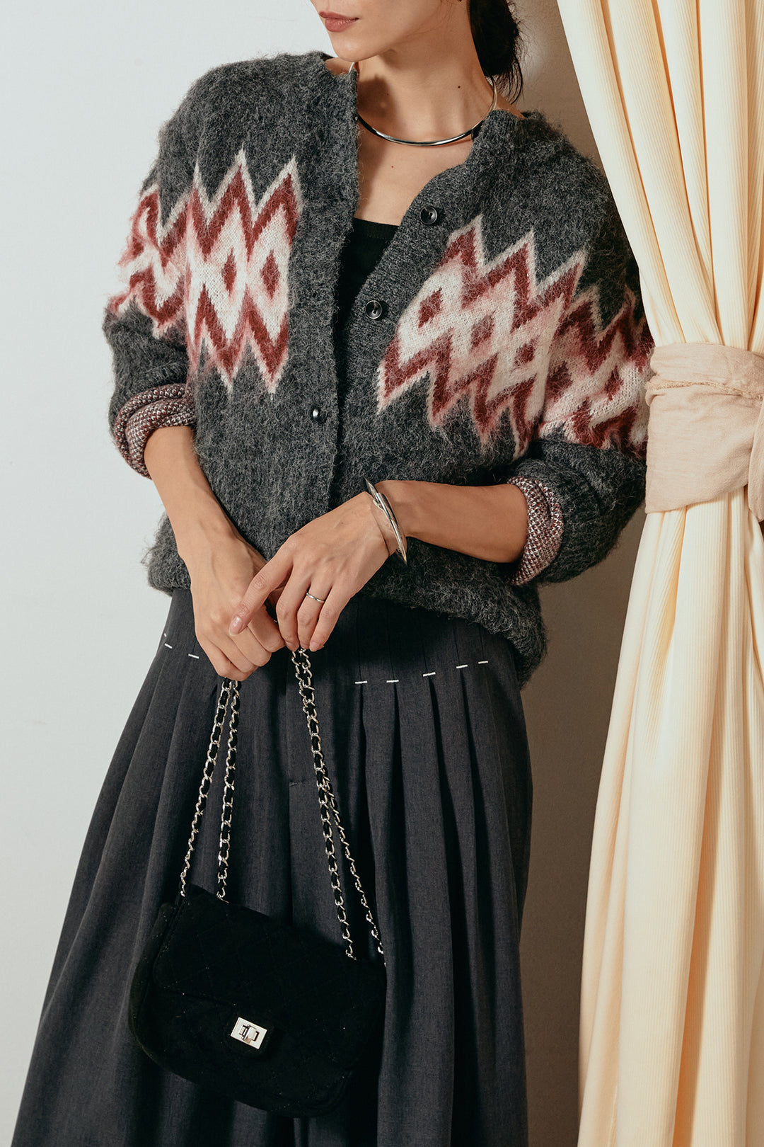 [SET]起毛ノルディック柄ニットカーディガン+ウエストステッチデザインワイドスラックス(2set)