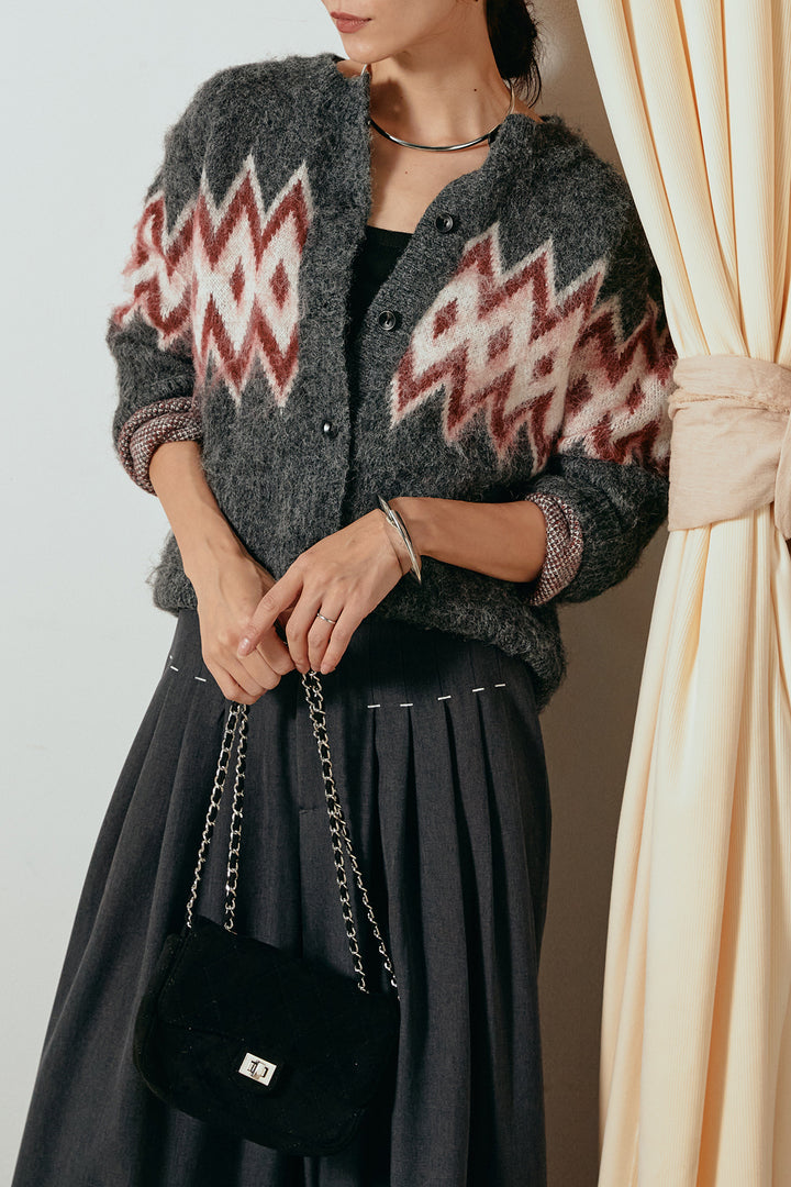 [SET]起毛ノルディック柄ニットカーディガン+ウエストステッチデザインワイドスラックス(2set)