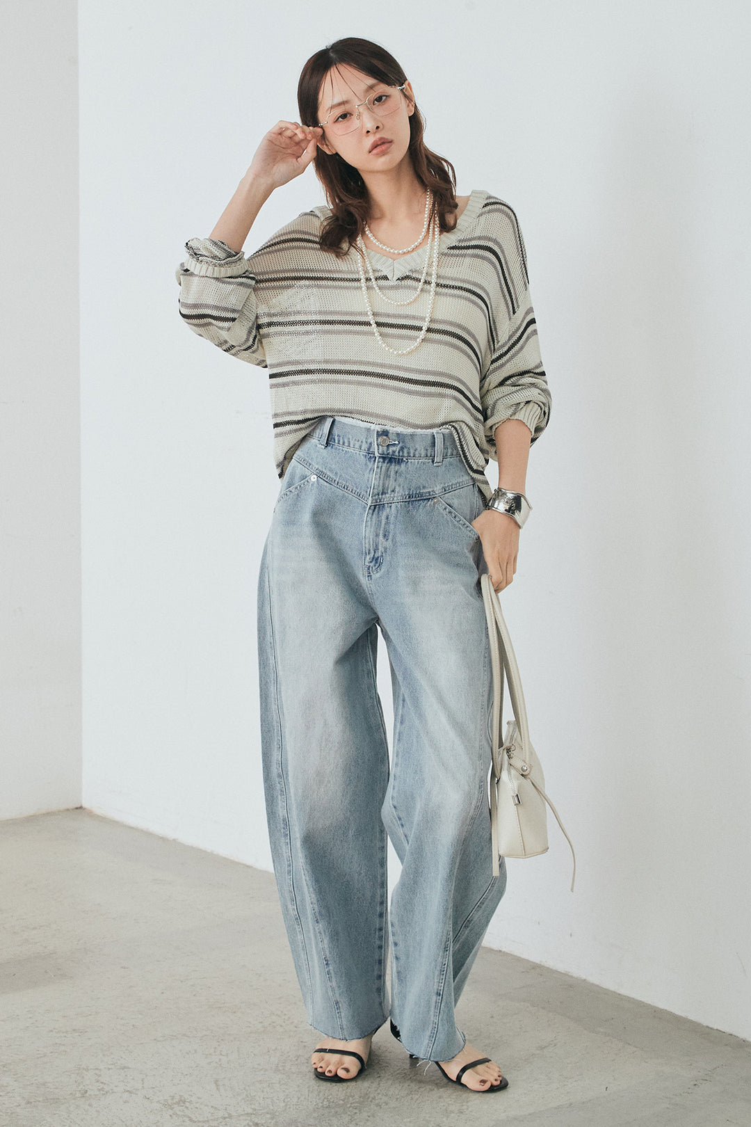 [SET]綿タッチVネックボーダートップス+デニムヨークパンツ(2set)