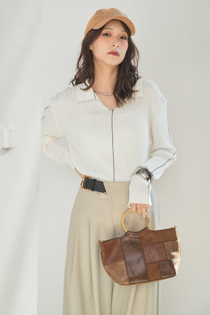 [SET]衿付きニットプルオーバー+サイドベルトタック入りスラックス(2set)