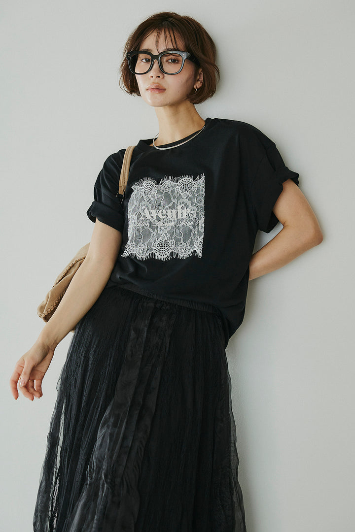 [SET]レースロゴ刺繍Tシャツ+レースコンビワッシャーギャザースカート(2set)