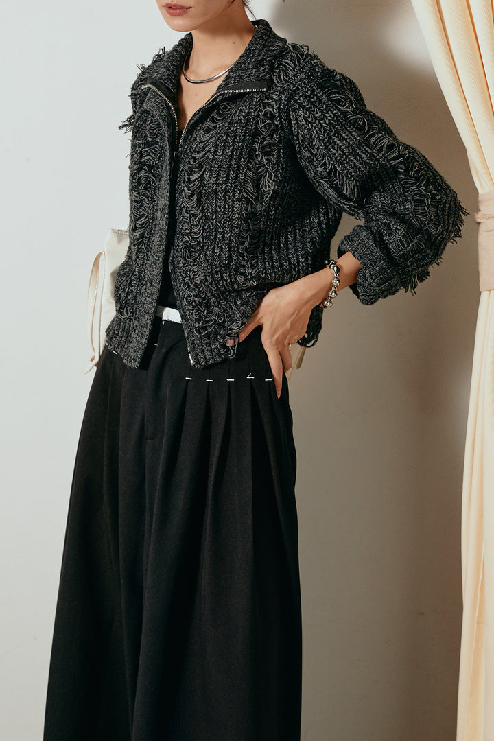 [SET]ハイネックフリンジジップニットトップス+ウエストステッチデザインワイドスラックス(2set)