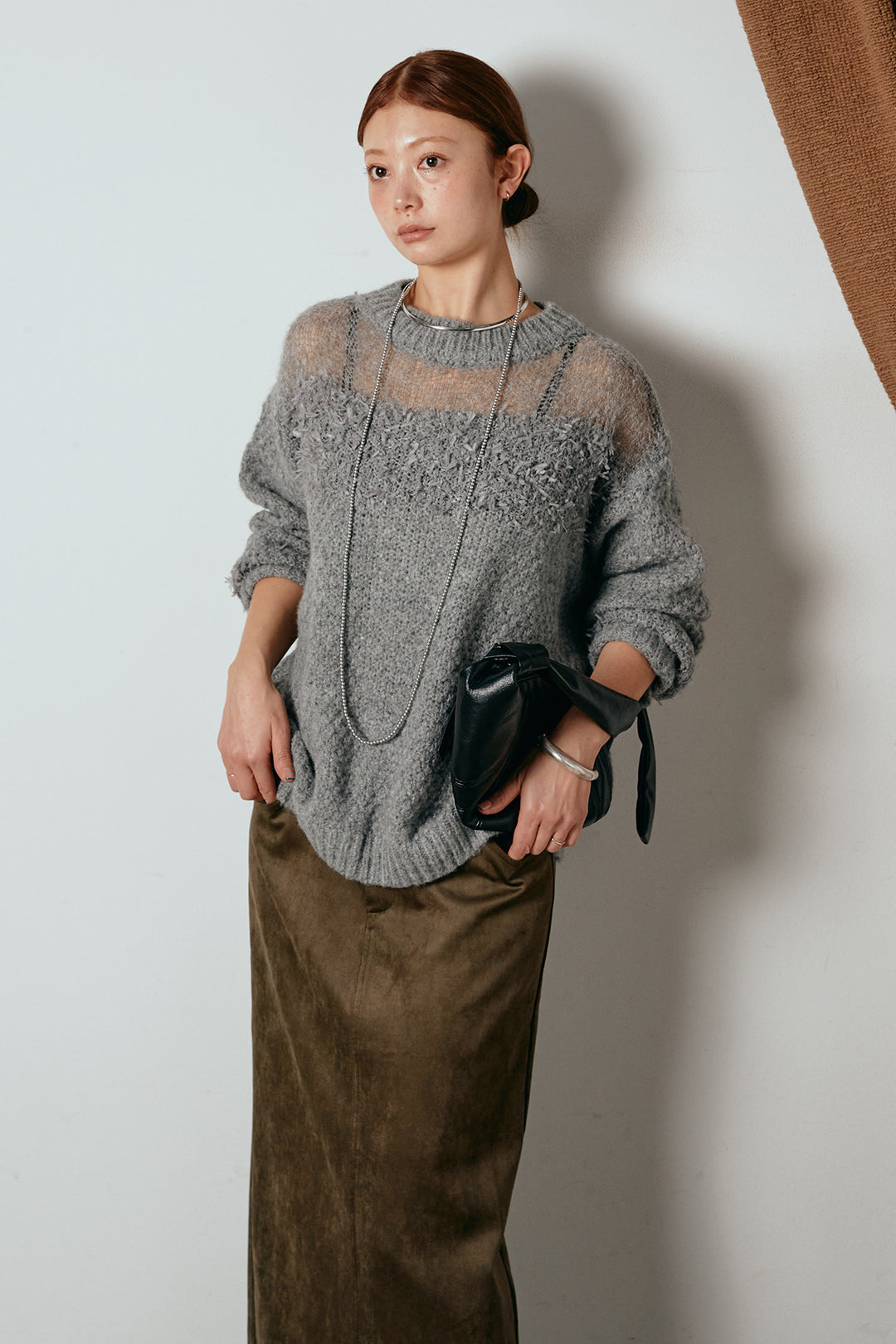 [SET]パターンランダム編みニットトップス+スウェードライク裾フリンジスカート(2set)