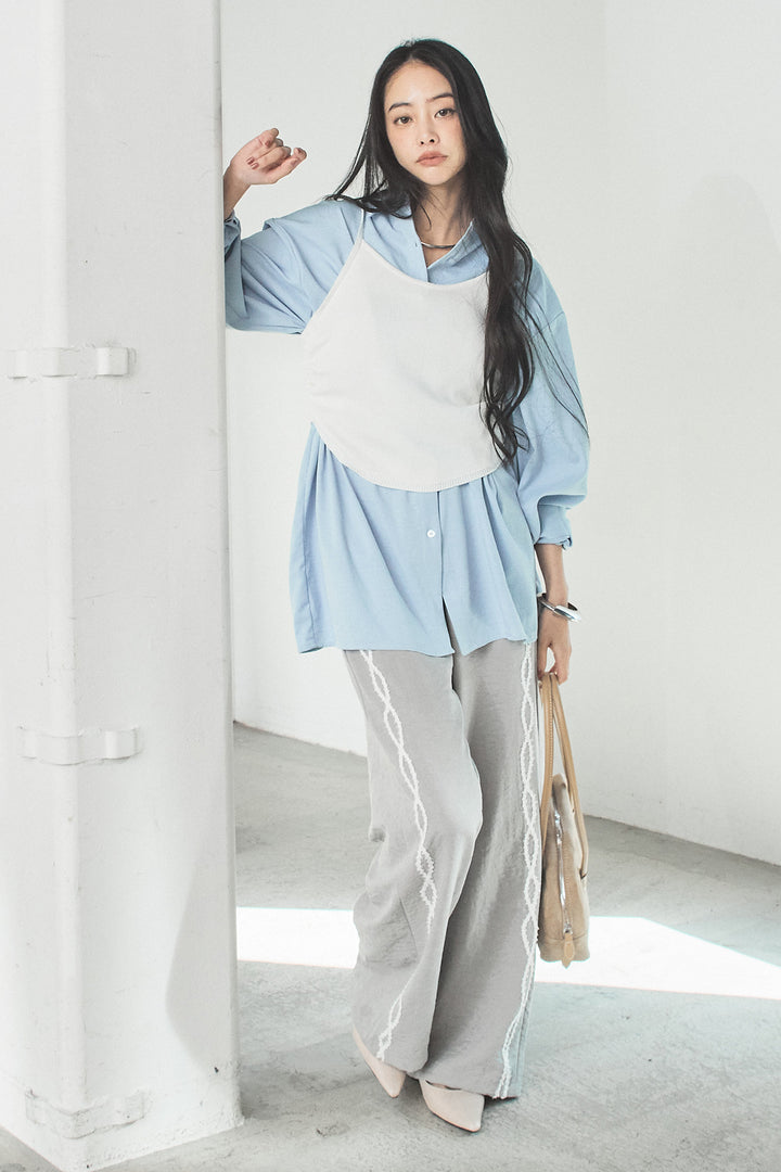 [SET]ニットキャミ付きシャツ+刺繡テープラインパンツ(2set)