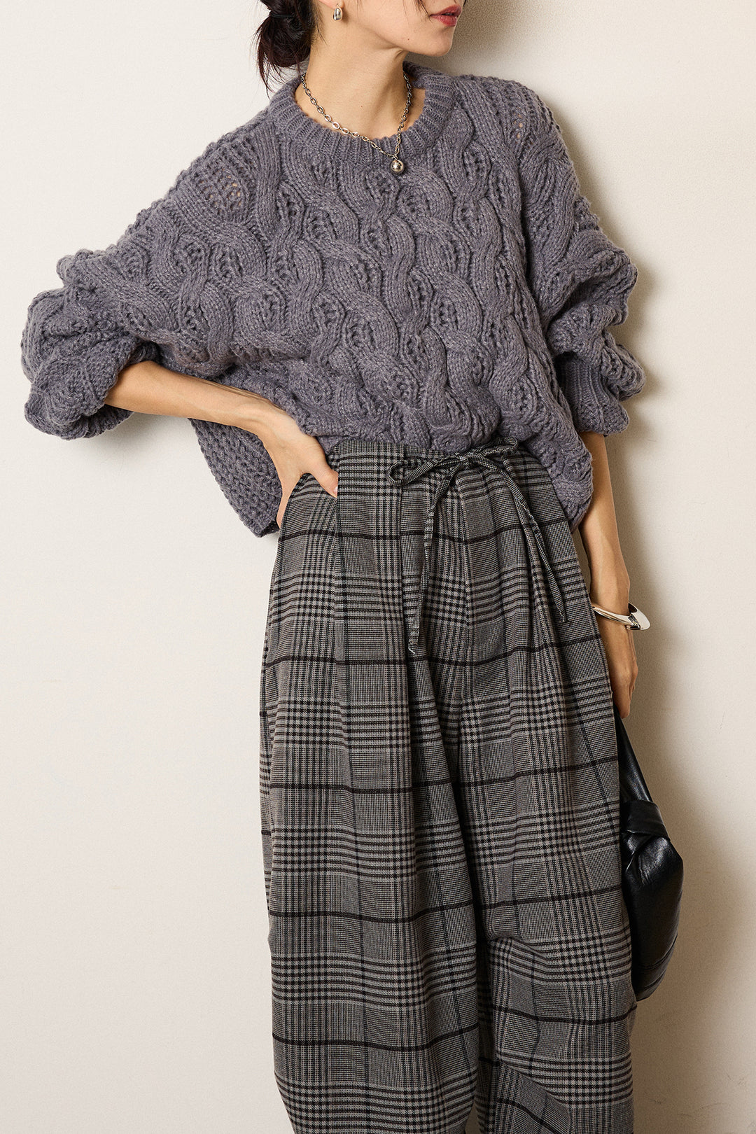 [SET]ケーブルリラックスショートニット+グレンチェックルーズタックパンツ(2set)