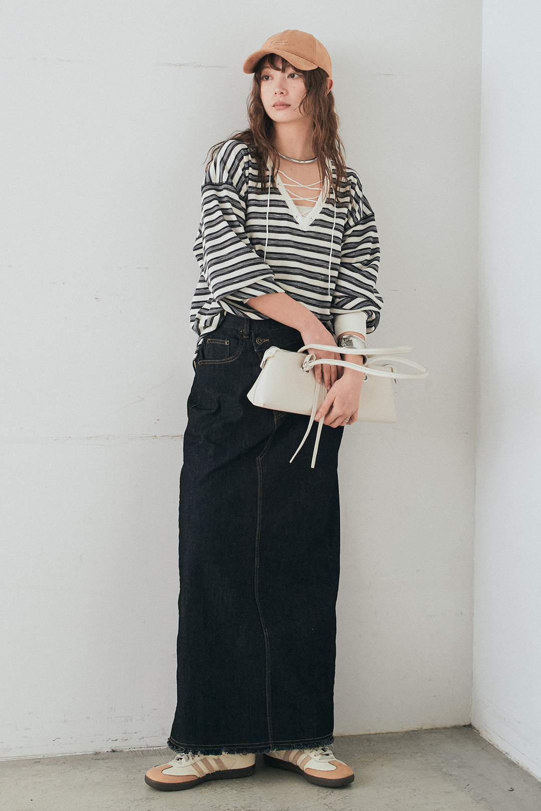 [SET]レースアップワッフルボーダートップス+ウエストクロスデニムタイトスカート(2set)