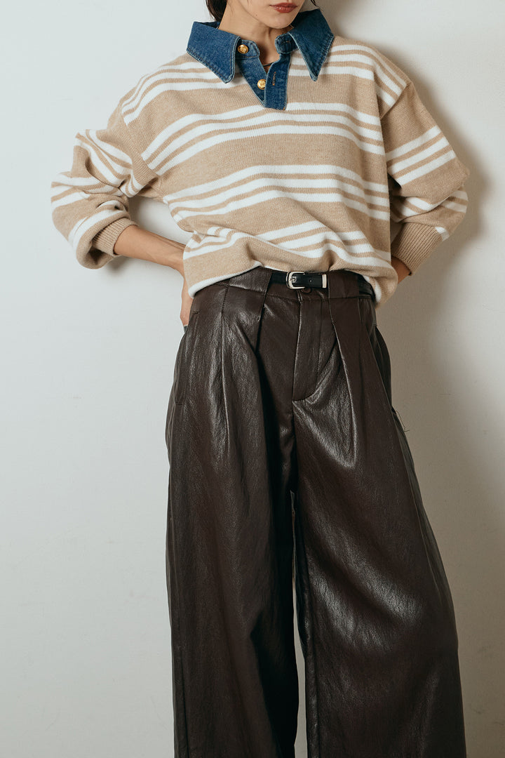 [SET]デニムレイヤード風ランダムボーダーニットプルオーバー+ベルト付きレザーライクタックパンツ(2set)