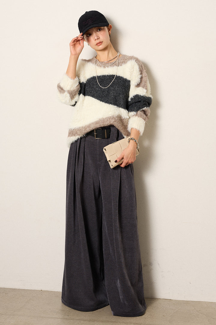 [SET]シャギーウェーブ柄クルーネックニットトップス+ベルトループコーデュロイワイドパンツ(2set)