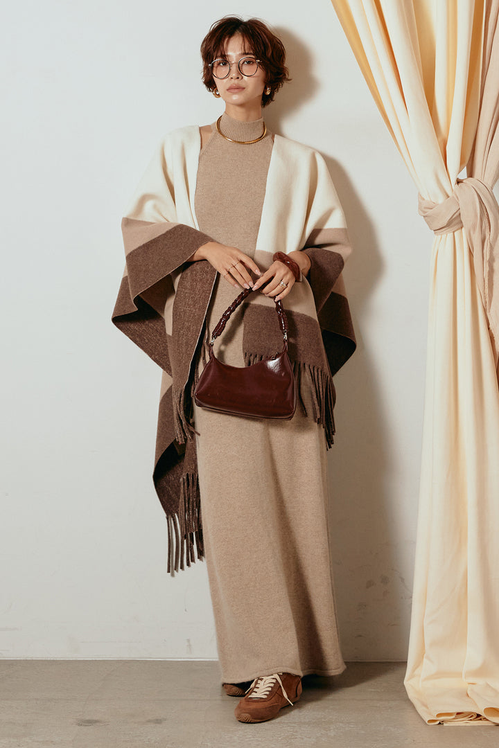 [SET]裾フリンジ柄ポンチョアウター+ノースリーブニットロングワンピース(2set)